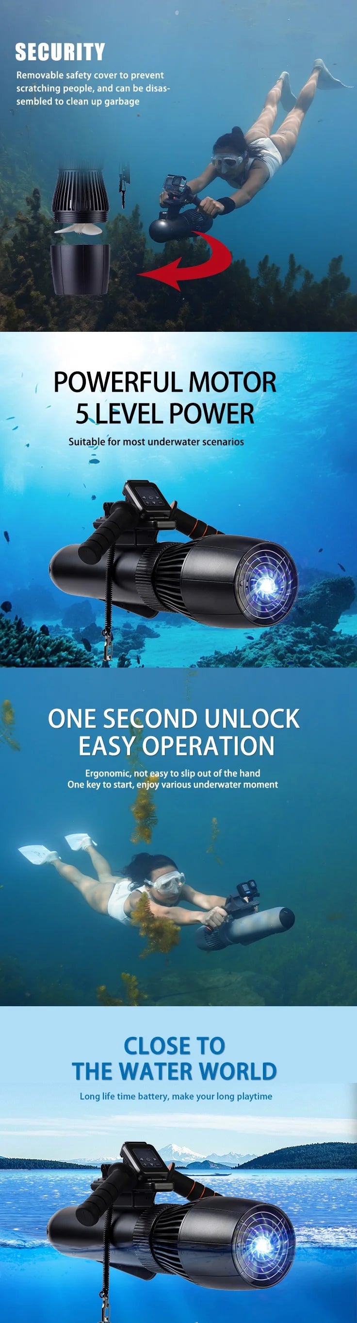 Electric Underwater Sea Scooter 500W Water Propeller SUP Motor 130Minutes Diving Equipment for Ocean Pool